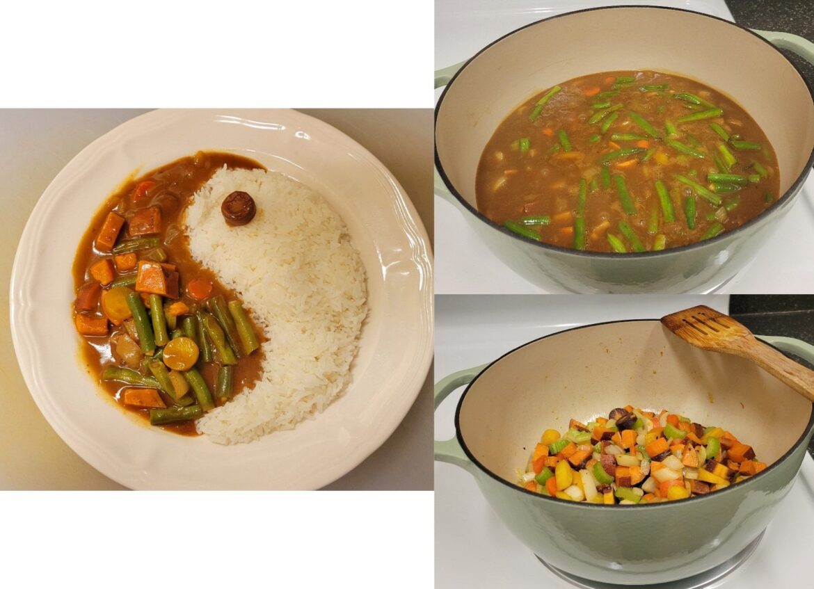 Root vegetable and green bean curry with rice