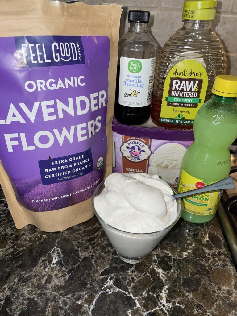 I had a craving for my favorite ice cream, but didn’t want to go through a long process. Honey Lemon Lavender Vanilla Ice cream!