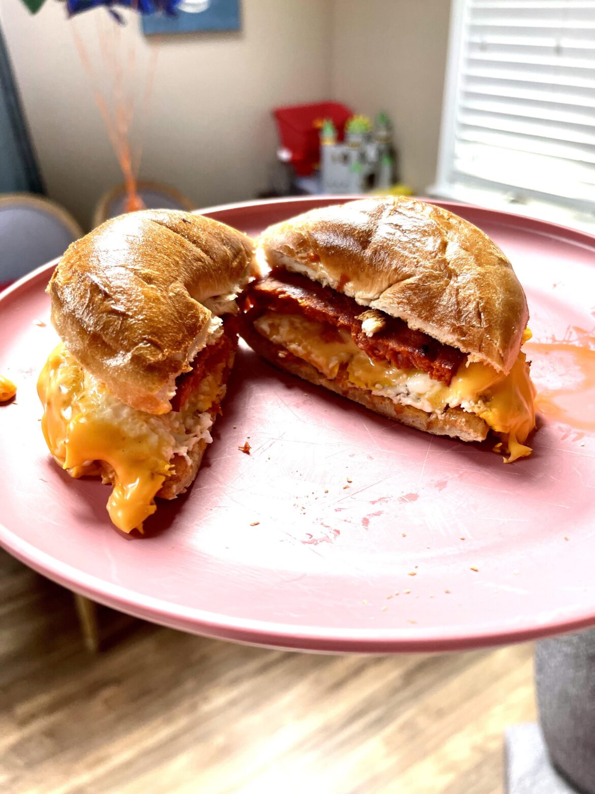 Chorizo, egg, and cheese on a plain bagel.