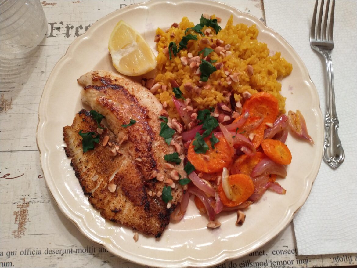 Lebanese-Style Tilapia & Turmeric Rice with Lemony Roasted Carrots, Hazelnuts & Parsley