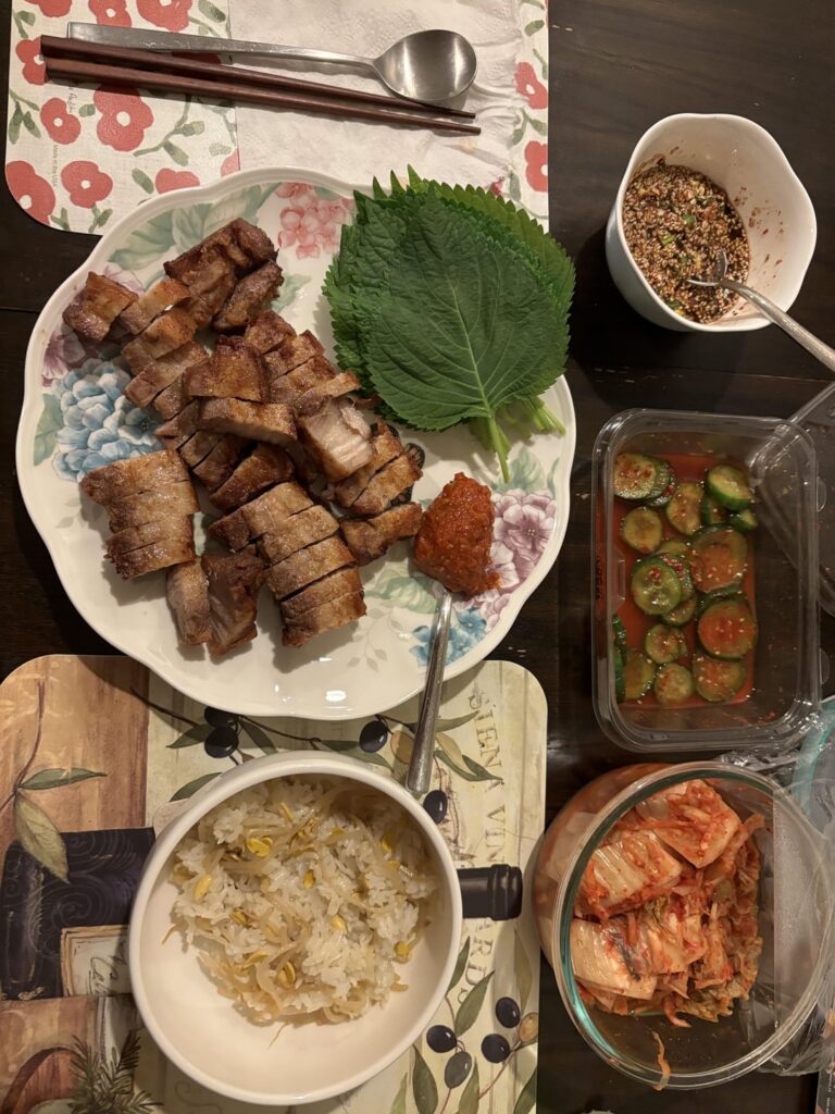 Bean sprout rice (콩나물 밥) and air fried pork belly