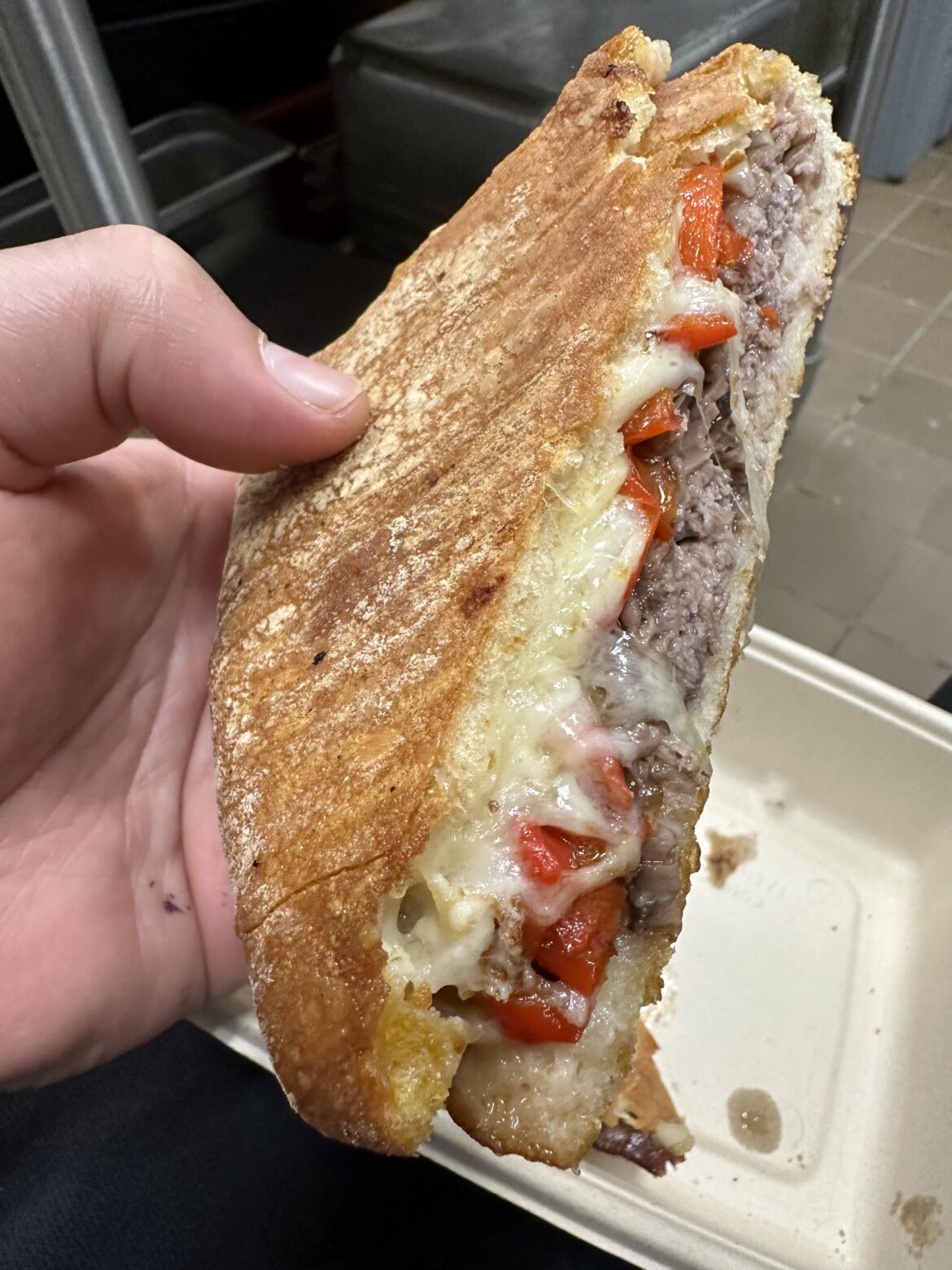 Roast beef, Swiss, sharp cheddar, caramelized onions, roasted red peppers and mayo.