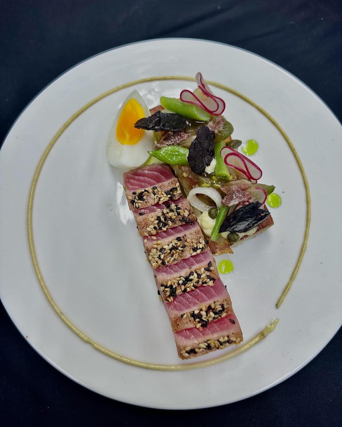 Tuna.Mille Feuille potato.Nicoise Salad.Garlic Aioli
