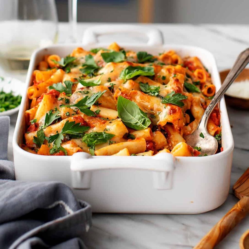 This baked ziti is one of our favorite easy dinner ideas! Ingredients 4 cups (32 ounces) marinara sauce 2 cups (16 ounces) ricotta cheese 2 garlic cloves (minced) 1 tablespoon lemon zest 1 teaspoon oregano