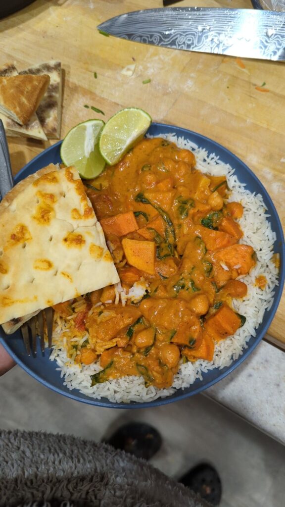 Plant based sweet potatoes and chickpea curry. Plant based meatloaf, greens and sweet potatoes😁