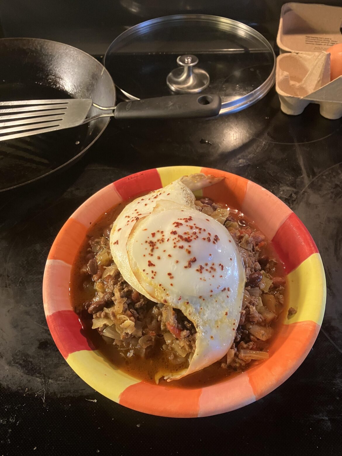 An egg on an egg on sauteed glop