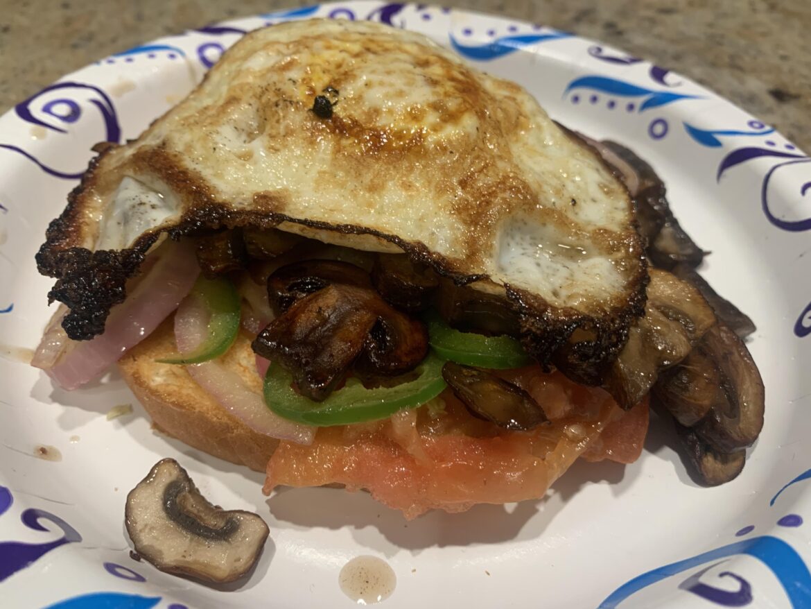 Not sure what I was going for here, but I had to eat some veggies before they went bad. So, naturally, I had to put an egg in it.