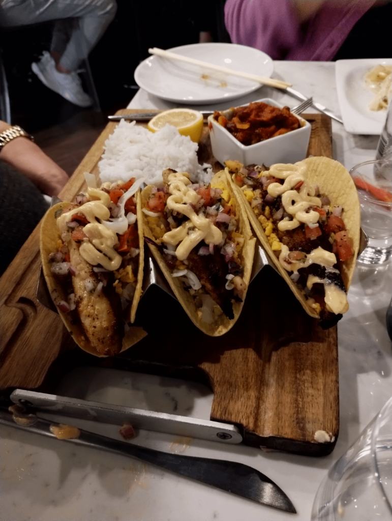 Fish tacos on a cutting board