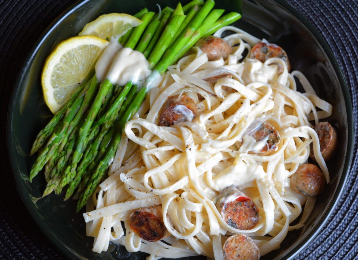 (vegan) 383 cal & 20 P. Asparagus and low cal pasta with big mountain sausages with lemon butter sauce.