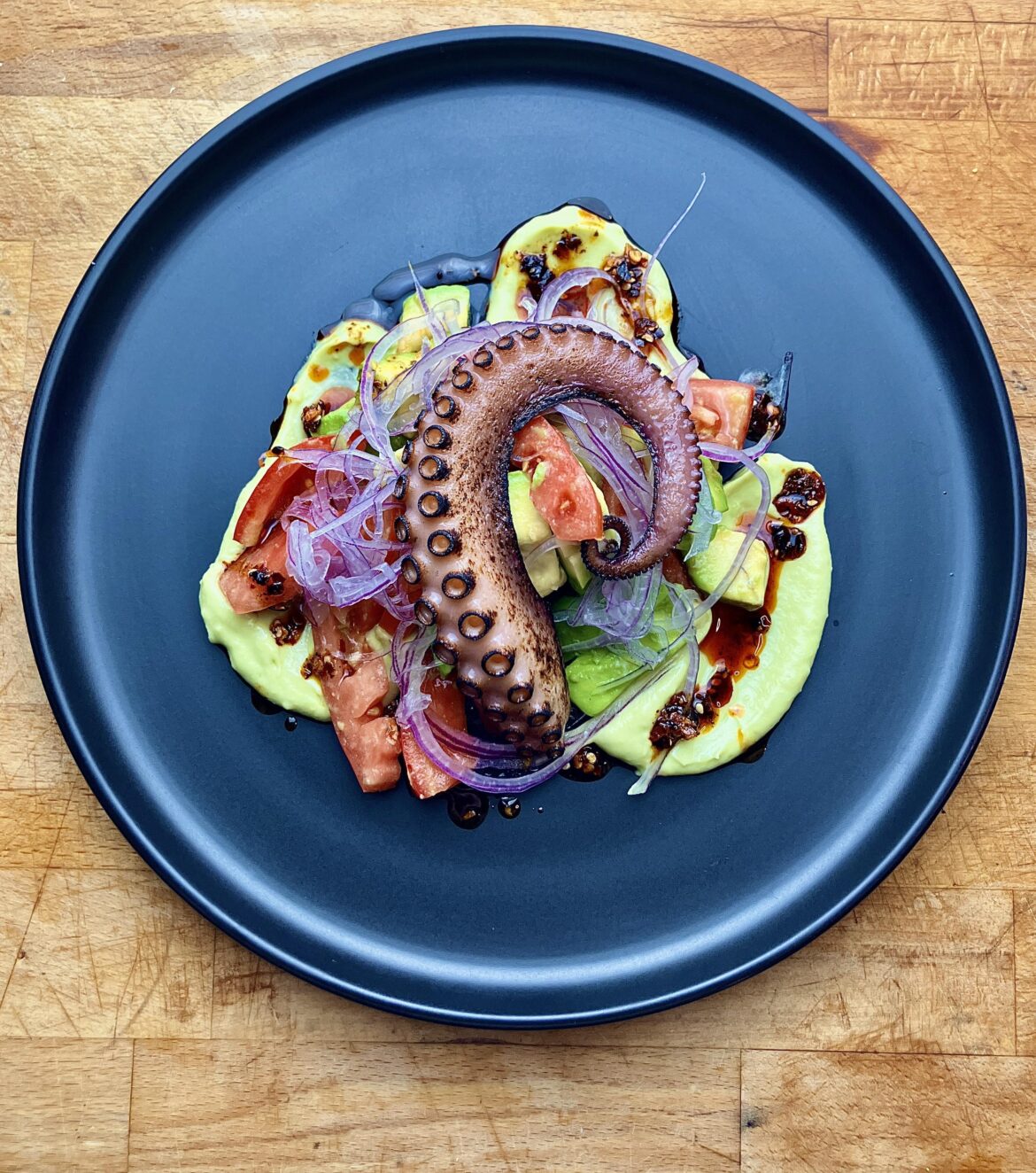 Charred Octo, Carribean Gazpacho dressed with a ponzu Chili Oil Vin