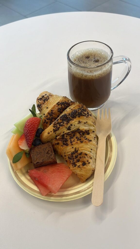 Coffee with milk & green tea for breakfast at networking event