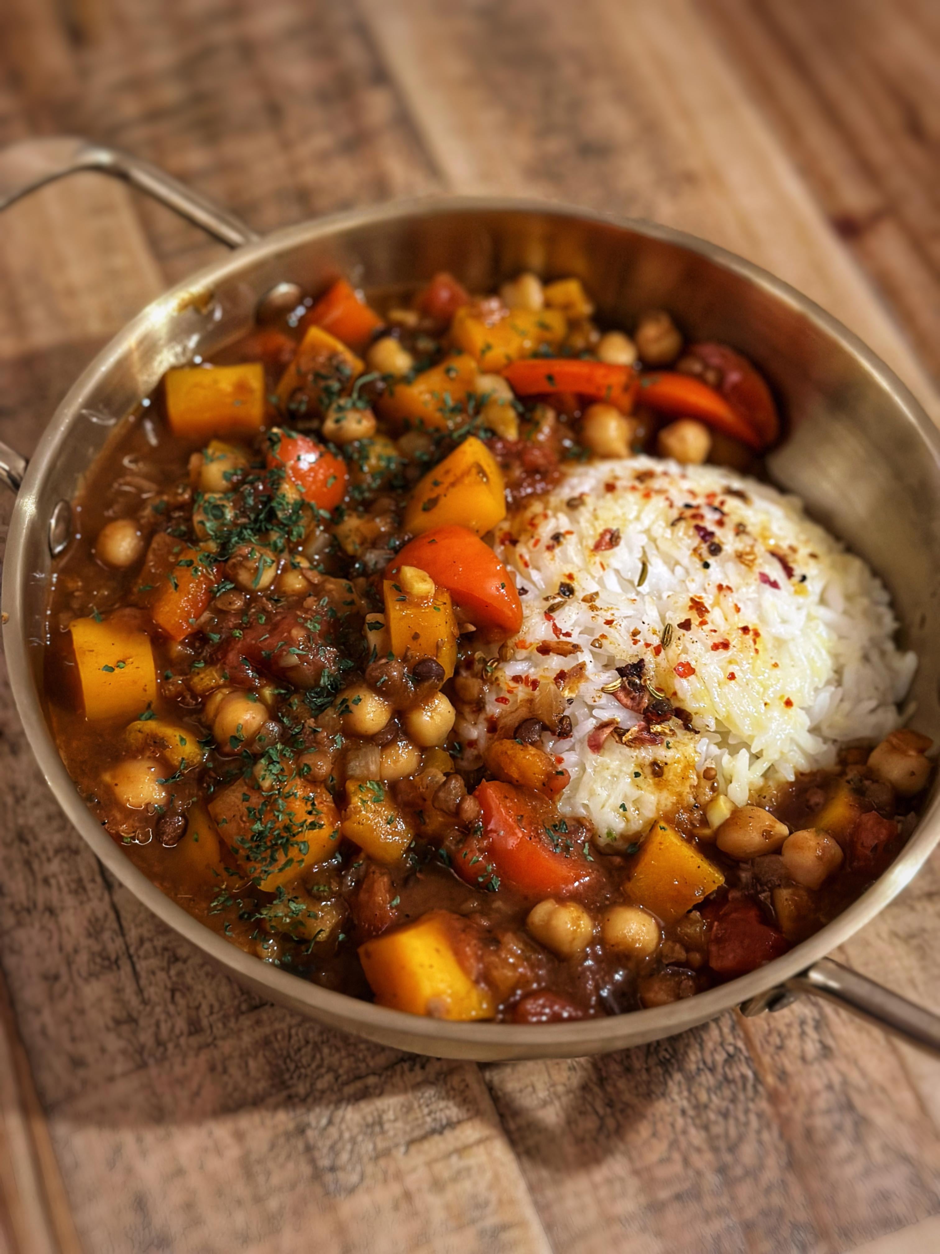 Moroccan chickpea tagine with golden butternut squash, red bell pepper
