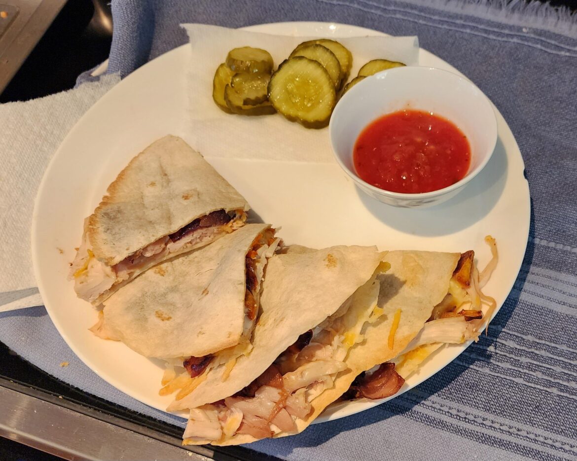 Quesadilla with Pulled Roast Chicken, Roasted Sweet Potatoes, Roasted Onions, 4 Cheese Blend, and Ranch Sauce