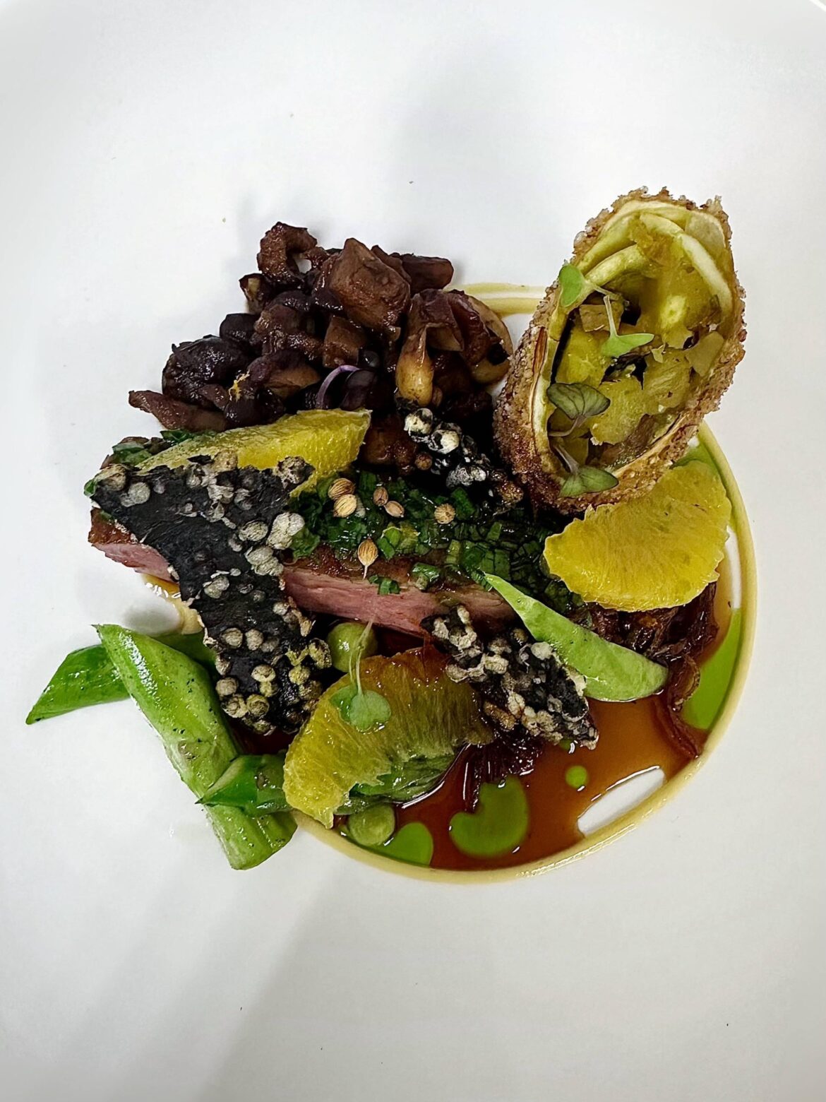 Fusion crispy skin soy glazed duck breast,smoke duck rillet in bread fruit ,black bean Lima bean stew,sago garlic chips