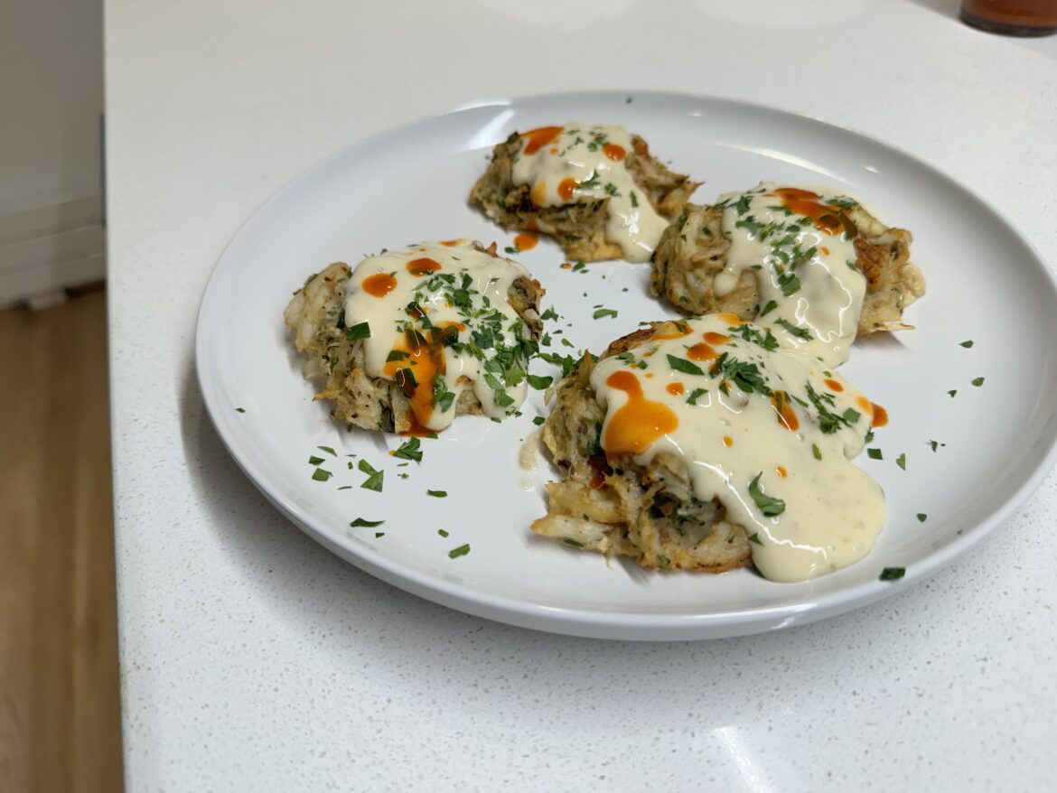 Crab Cakes with Queso and hot sauce