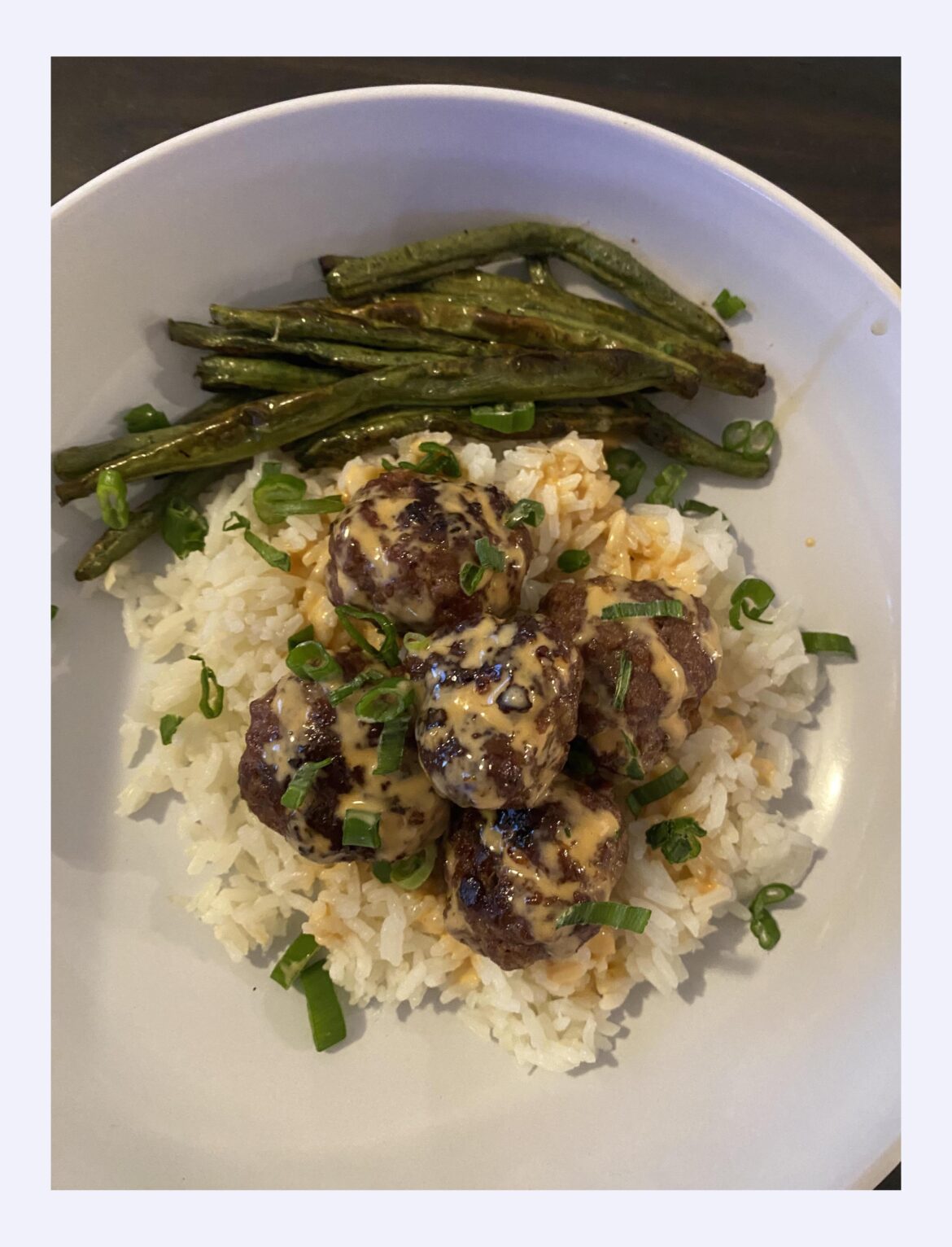 Firecracker meat balls w roasted green beans