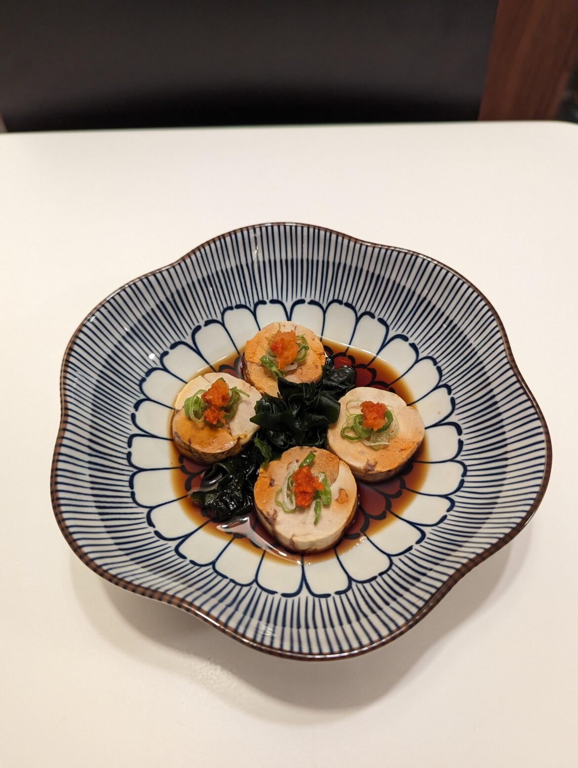 Ankimo (monkfish liver) with seaweed, grated daikon and ponzu Ankimo (monkfish liver) with seaweed, grated daikon and ponzu