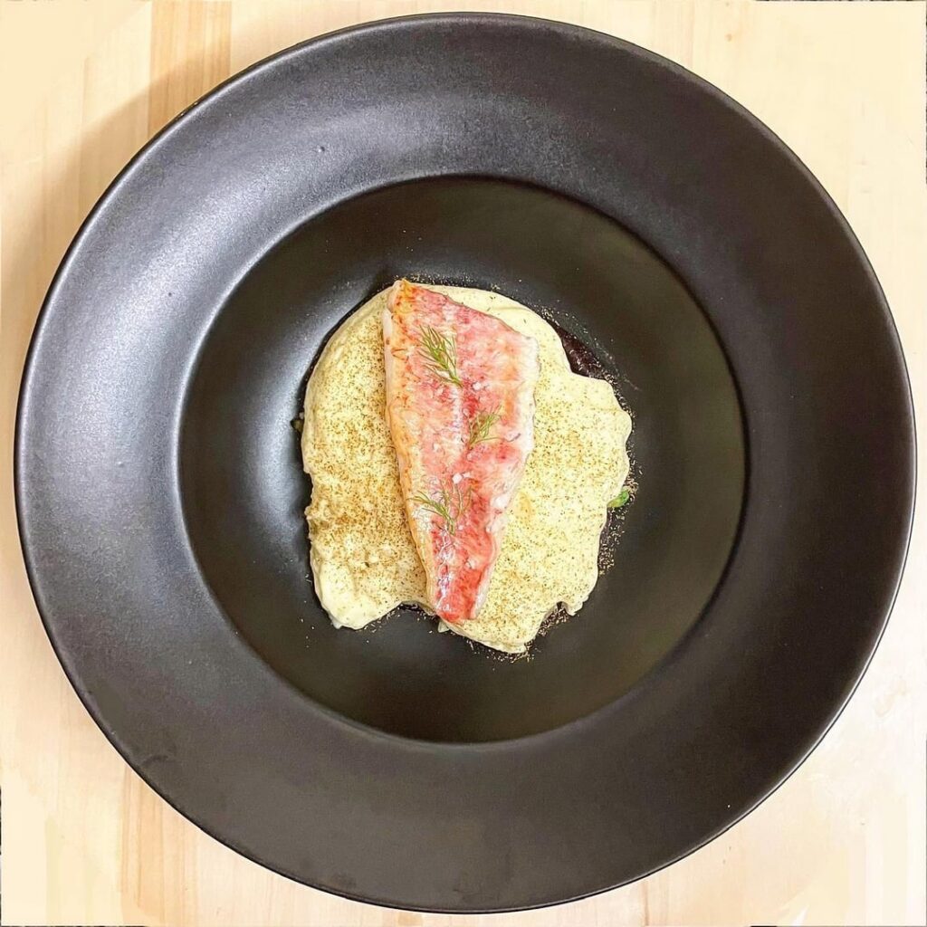 Red Mullet with Truffle Potato Foam, Caramelised Onion Purée and Summer Greens