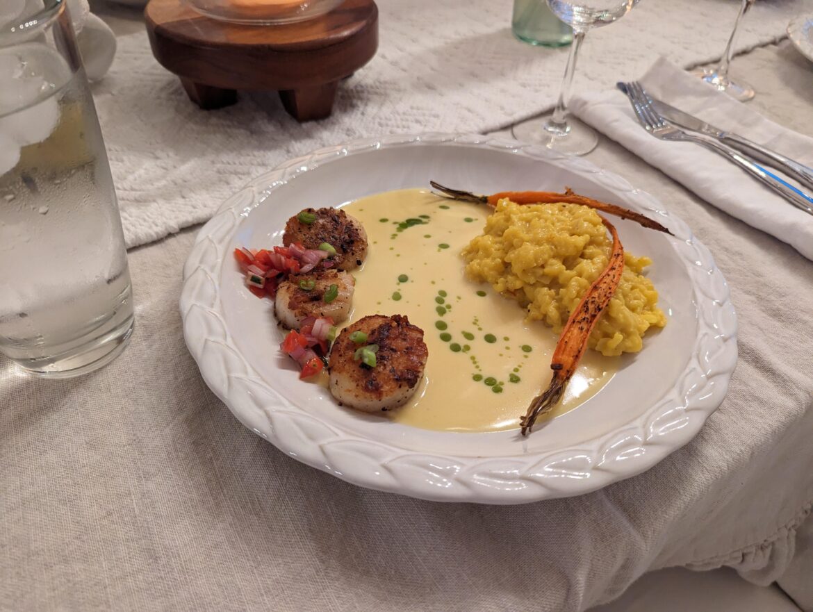 Scallops, beurre Blanc, basil oil, saffron risotto, roasted carrots, and cherry tomato salad. (Home cook)