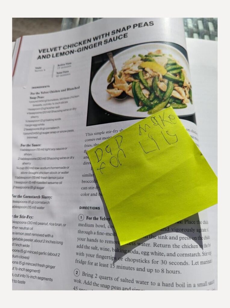 My 6 year old daughter randomly grabs my Wok book all the time and leaves notes for me, sometimes I find them weeks later. I kove it!