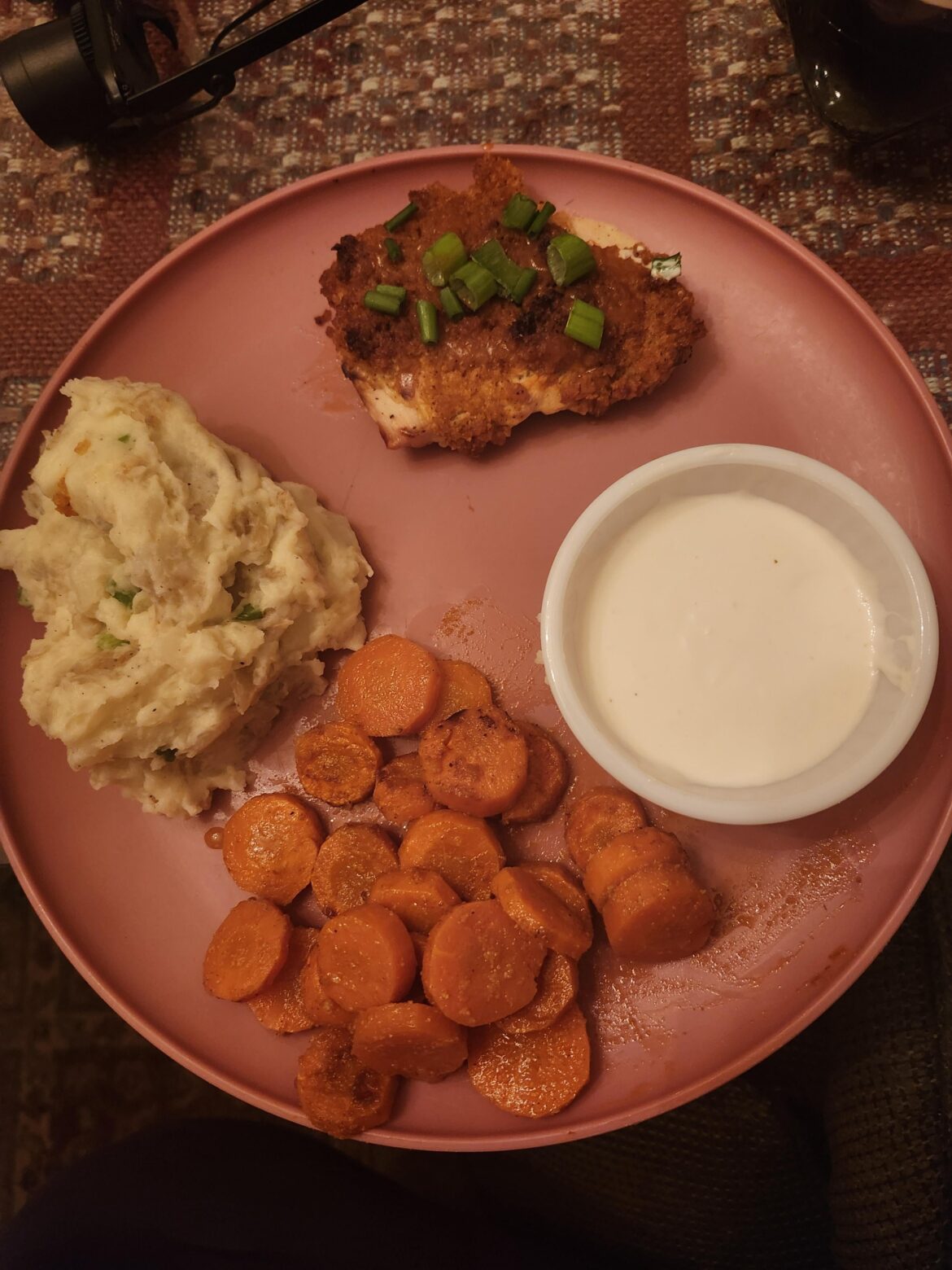 Crispy Buffalo-Spiced Chicken with Blue Cheese Sauce, Scallion Mashed Potatoes & Carrots