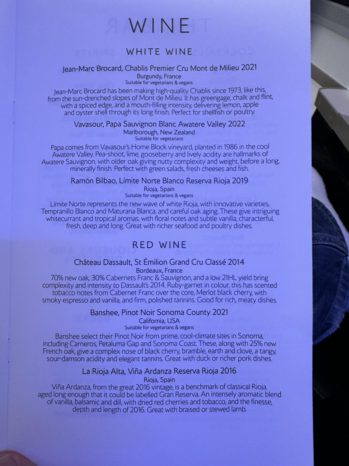 BA First Class wine list