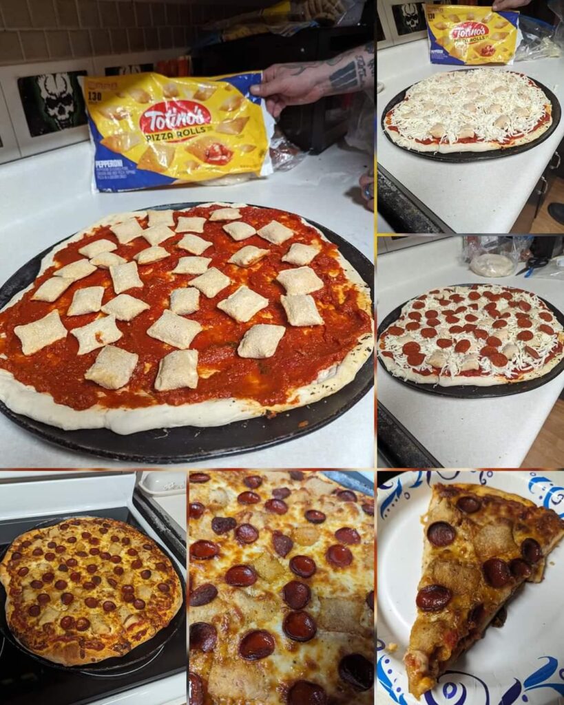 Add pizza rolls to a homemade (or frozen) pizza before baking. Enjoy.