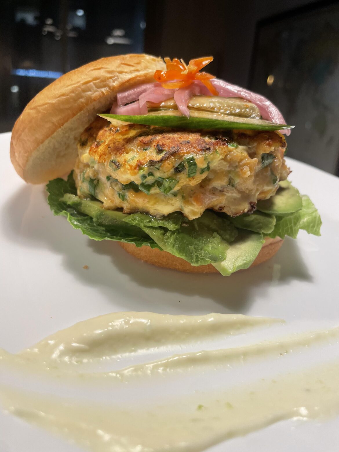 Salmon burger w/ wasabi mayo