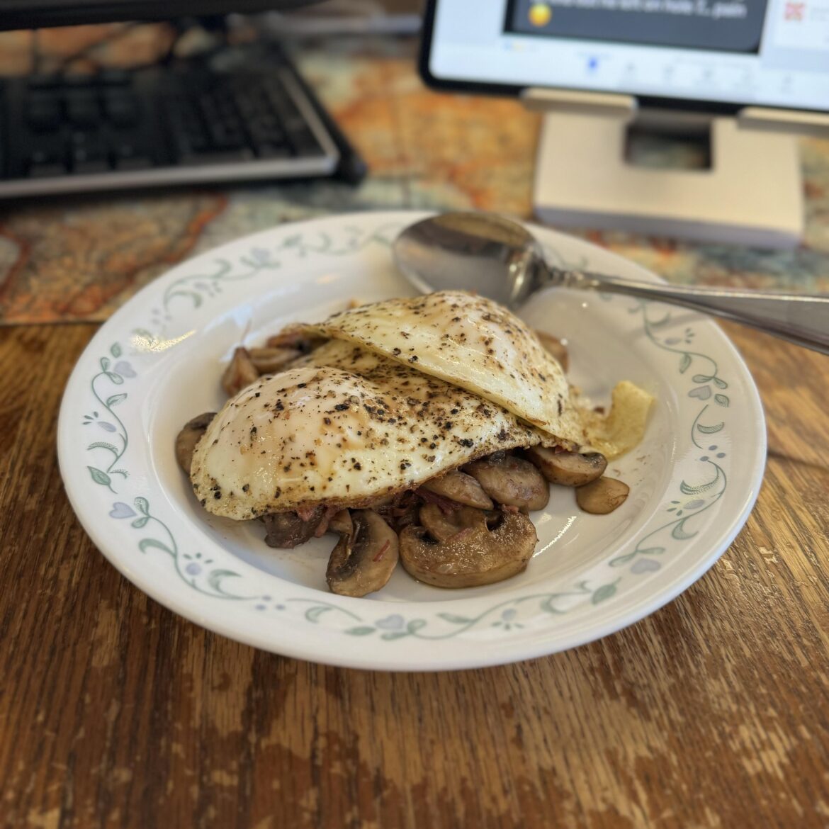 Over Medium with Mushrooms, Turkey Bacon, Corned Beef, and Shallot