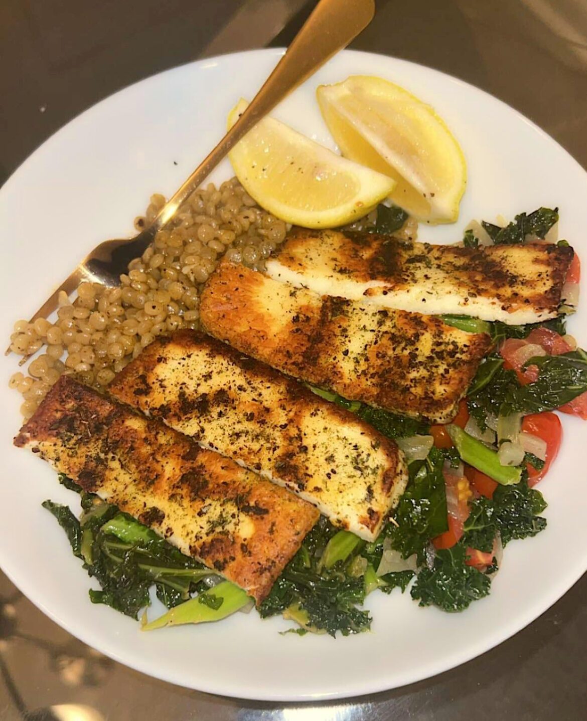 Easy Breezy Grilling Cheesy with Lemony Couscous, Grape Tomatoes & Kale.