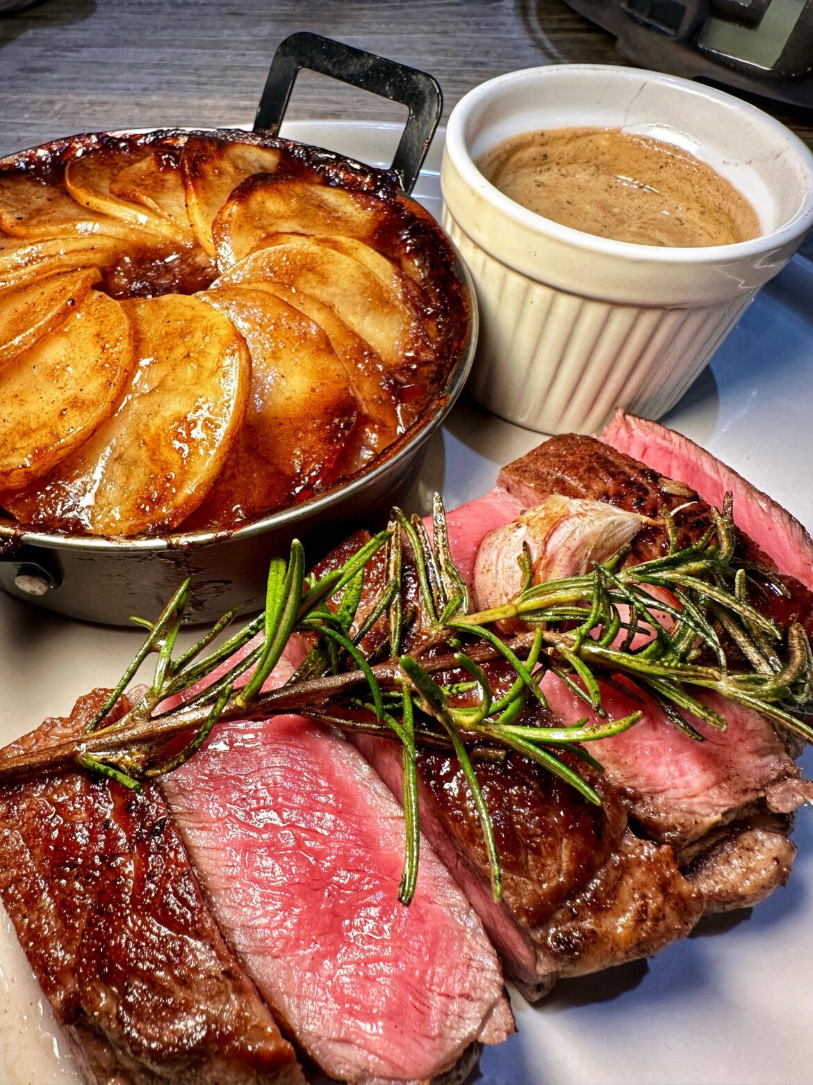 Beef, Pommes Boulangère, Peppercorn