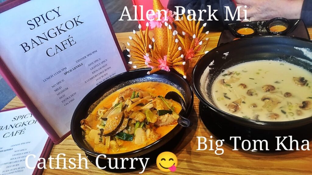 Catfish Curry 😋 outstanding Delicious medium heat. Big Tom Kha only 8 bucks plenty for two. Dining Room OPEN every day. Spicy Bangkok Cafe