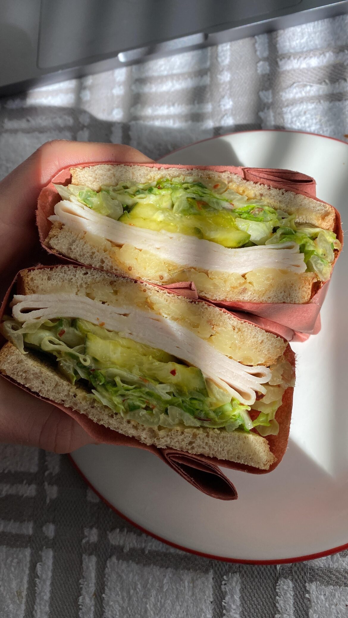 Turkey, Comte, seranno hot sauce, lettuce, bread and butter pickles, rye