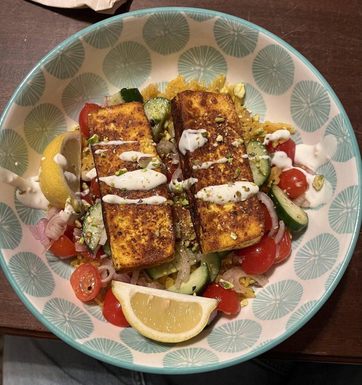 Shawarma-spiced grilling cheese with rice and Israeli salad