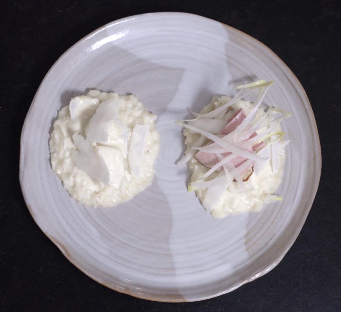 The love story - a dish based on Crown Prince Rudolf of Austria and Mary Vetsera. Risotto. White Fish. Beurre Blanc. Meat loaf. Raw kohlrabi. Chicory. The pure, kitschy love known pictured in movies. And the altered, different version. Two versions of the same love story. [OC]