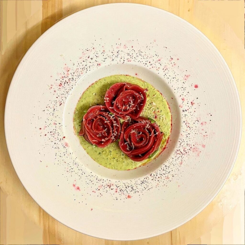 Ravioli Roses with a Spinach Ricotta filling and Basil Cream Sauce