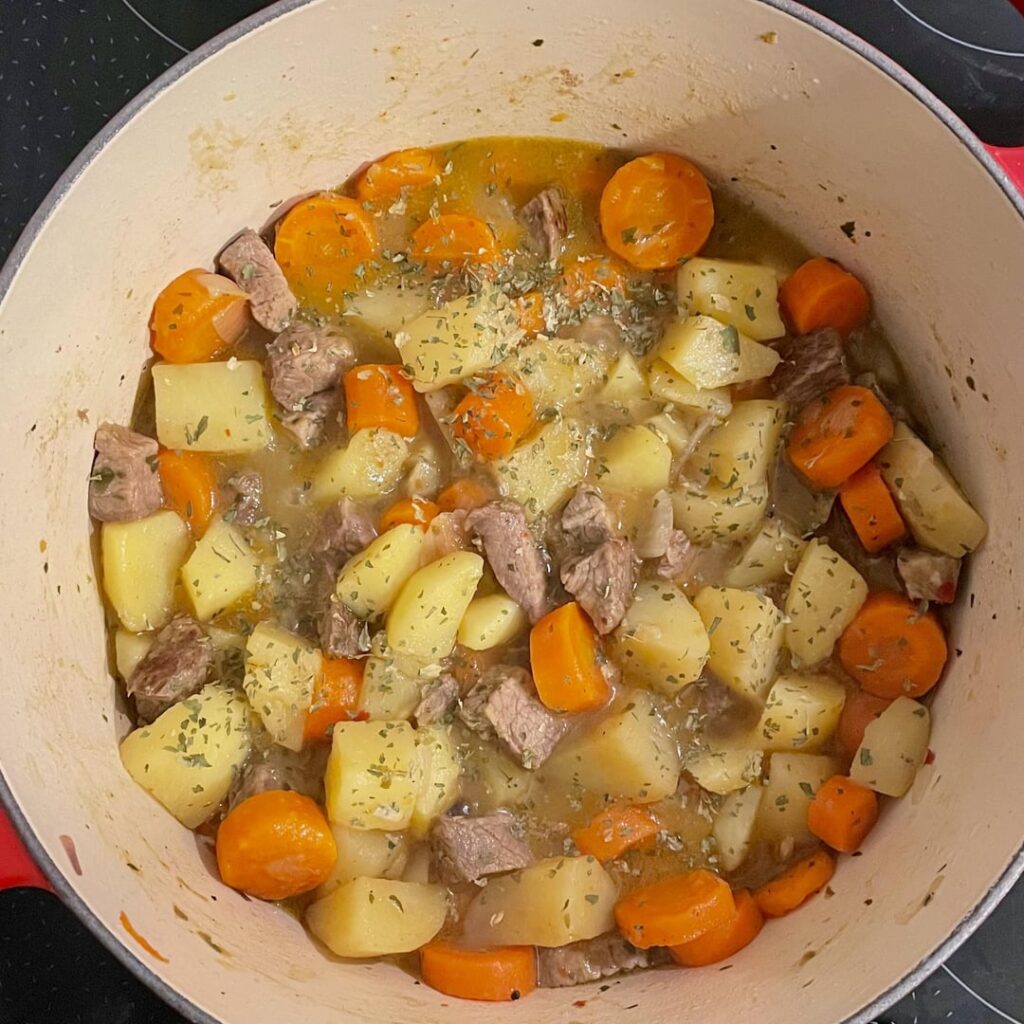 Potatoes and carrots stew with yesterdays roast beef leftovers
