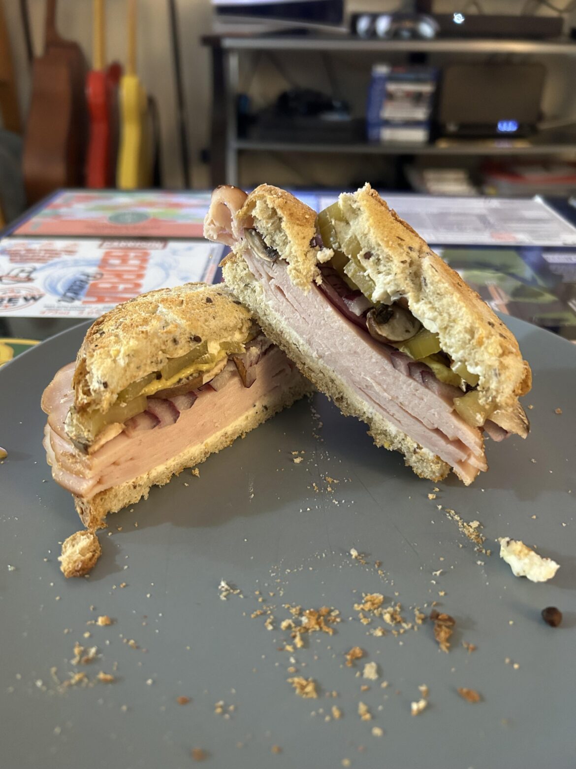 Hungover, local deli turkey soft cheese onion mushroom and pickled celery, perfect
