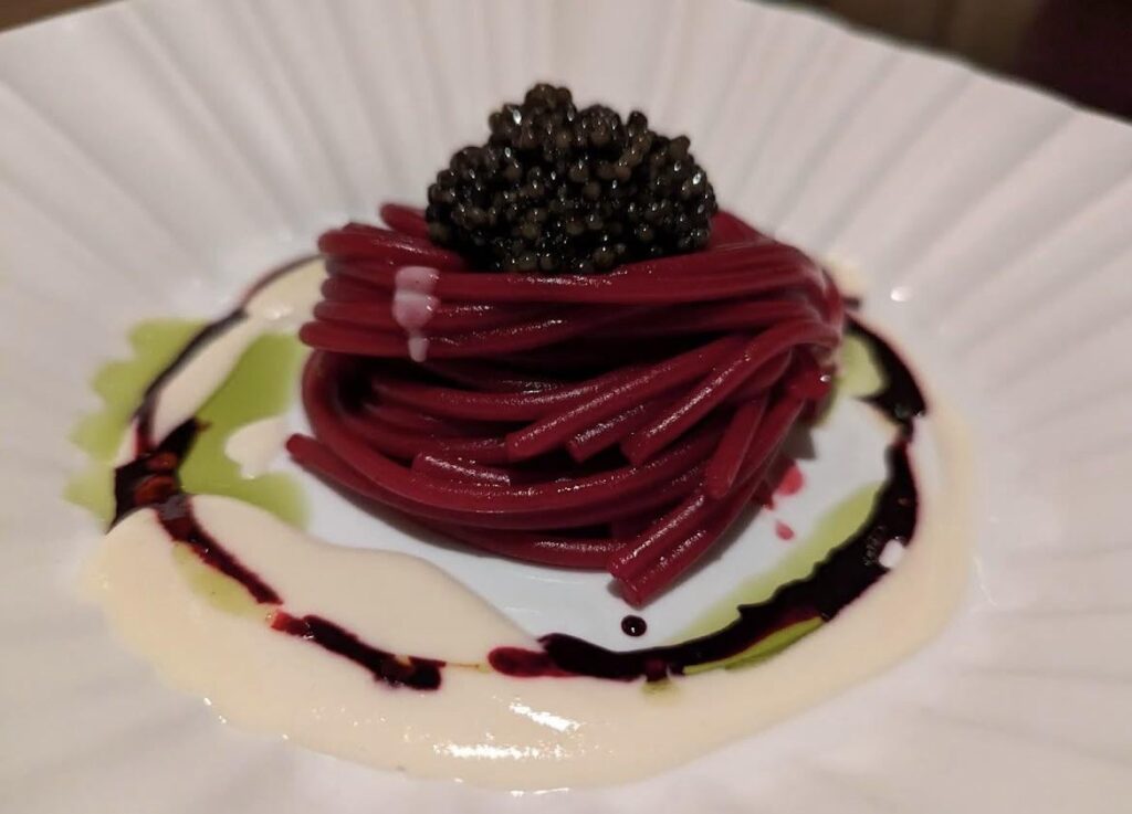 One of the best pasta dishes I’ve ever had at Quince! Spaghetti cooked in beetroot juice with a yuzu-vodka sauce and caviar.