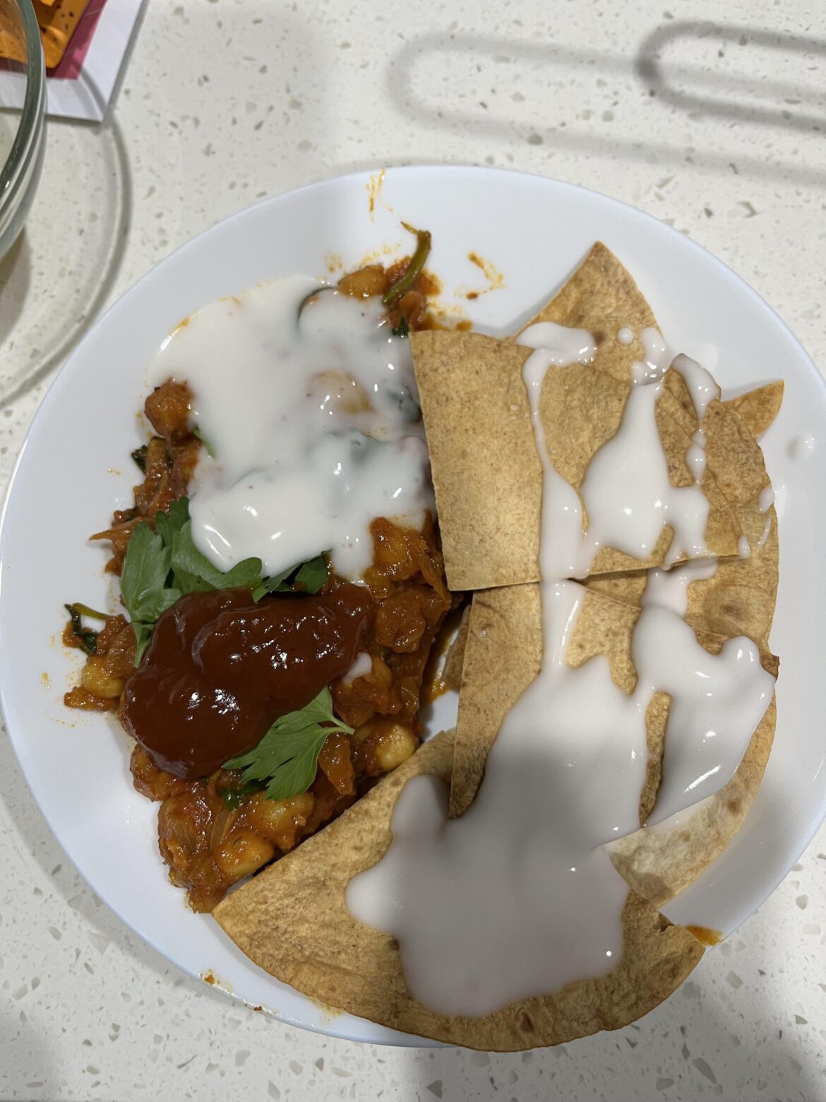 Chermoula Chickpea Bowl with coconut yoghurt and tortilla chips (10/10