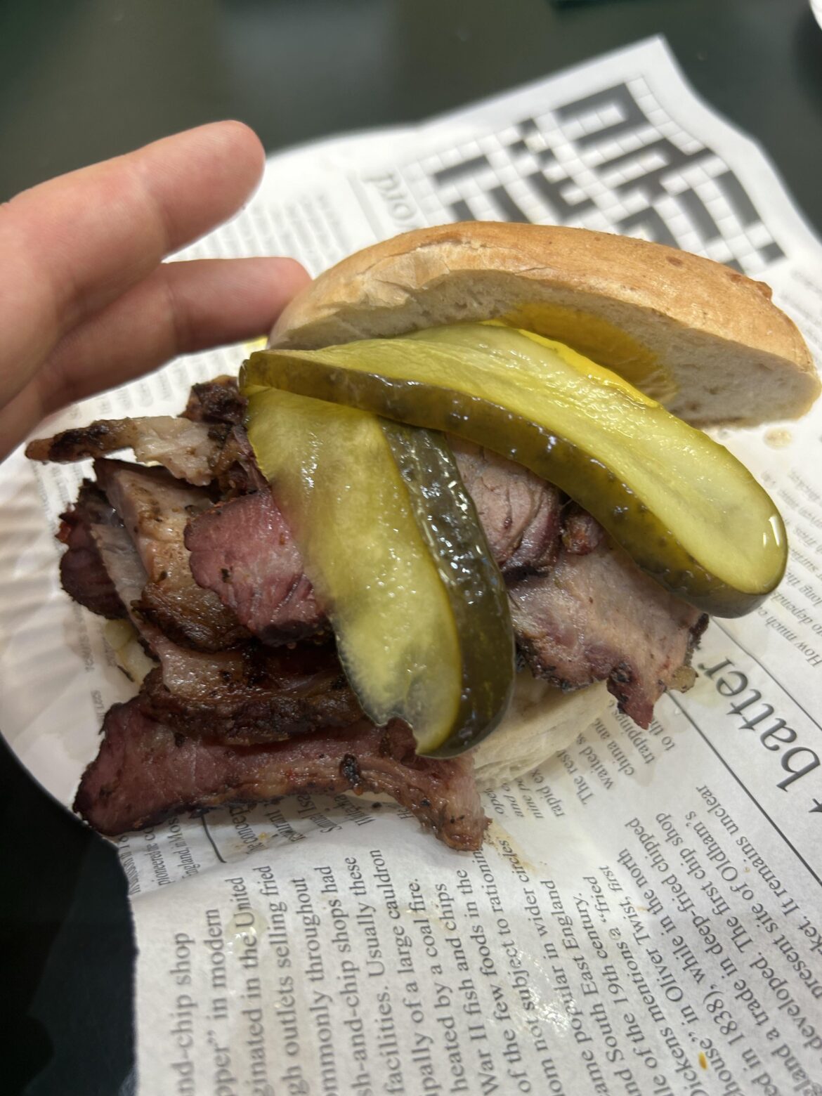 Smoked brisket, pickles, and mustard bagel in London