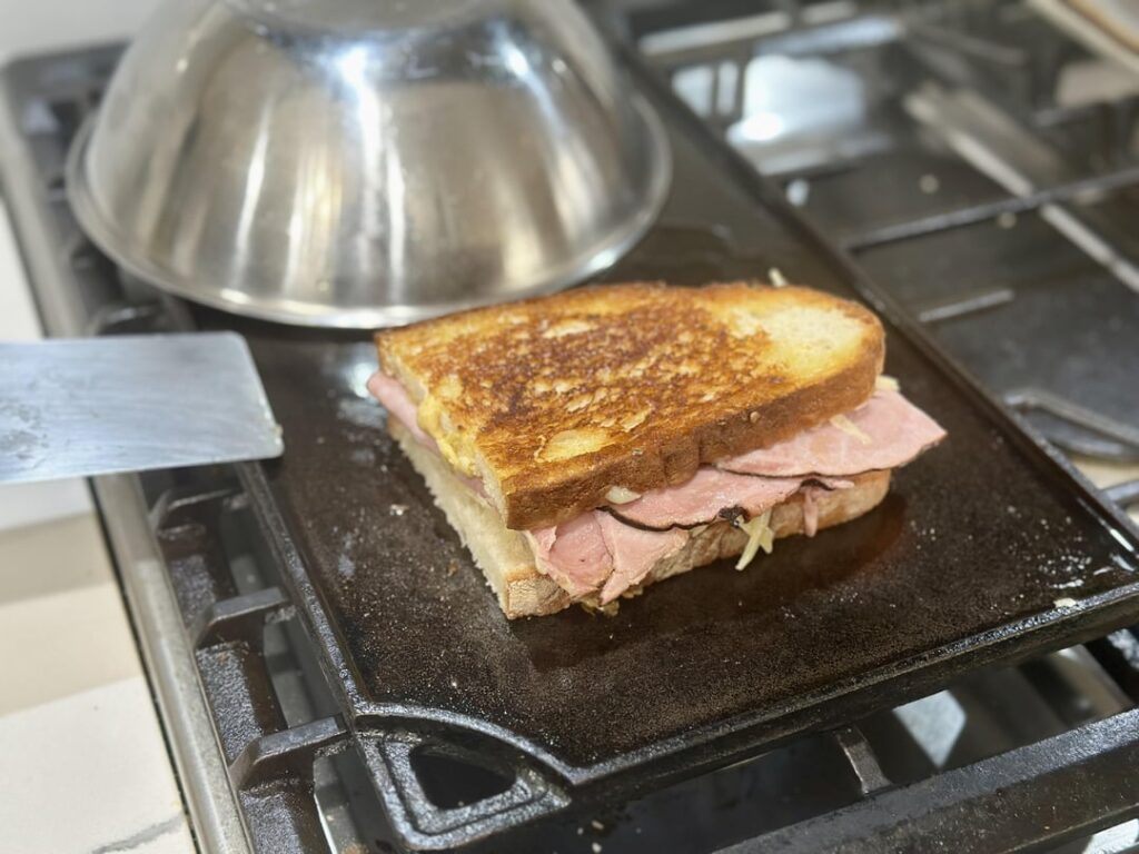 ham, vermont cheddar, giardiniera and dijon on pane tuscano fried in giardiniera oil.