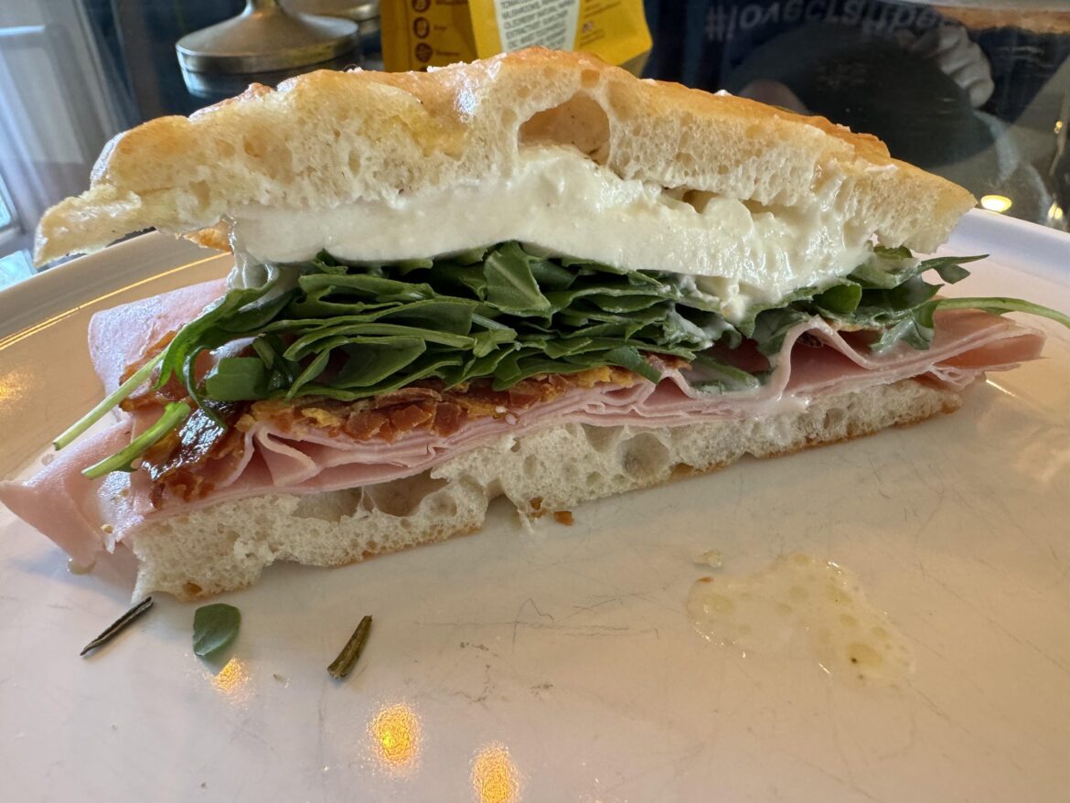 Mortadella, burrata and arugula on homemade rosemary focaccia