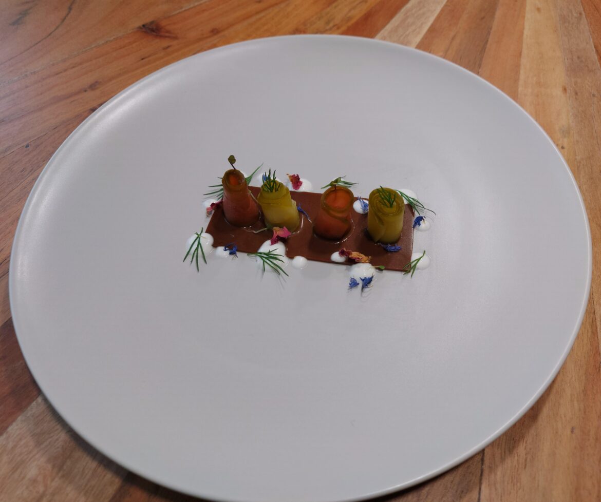 balsamic jelly, beetroot cucumber, orange-ginger cucumber, feta creme