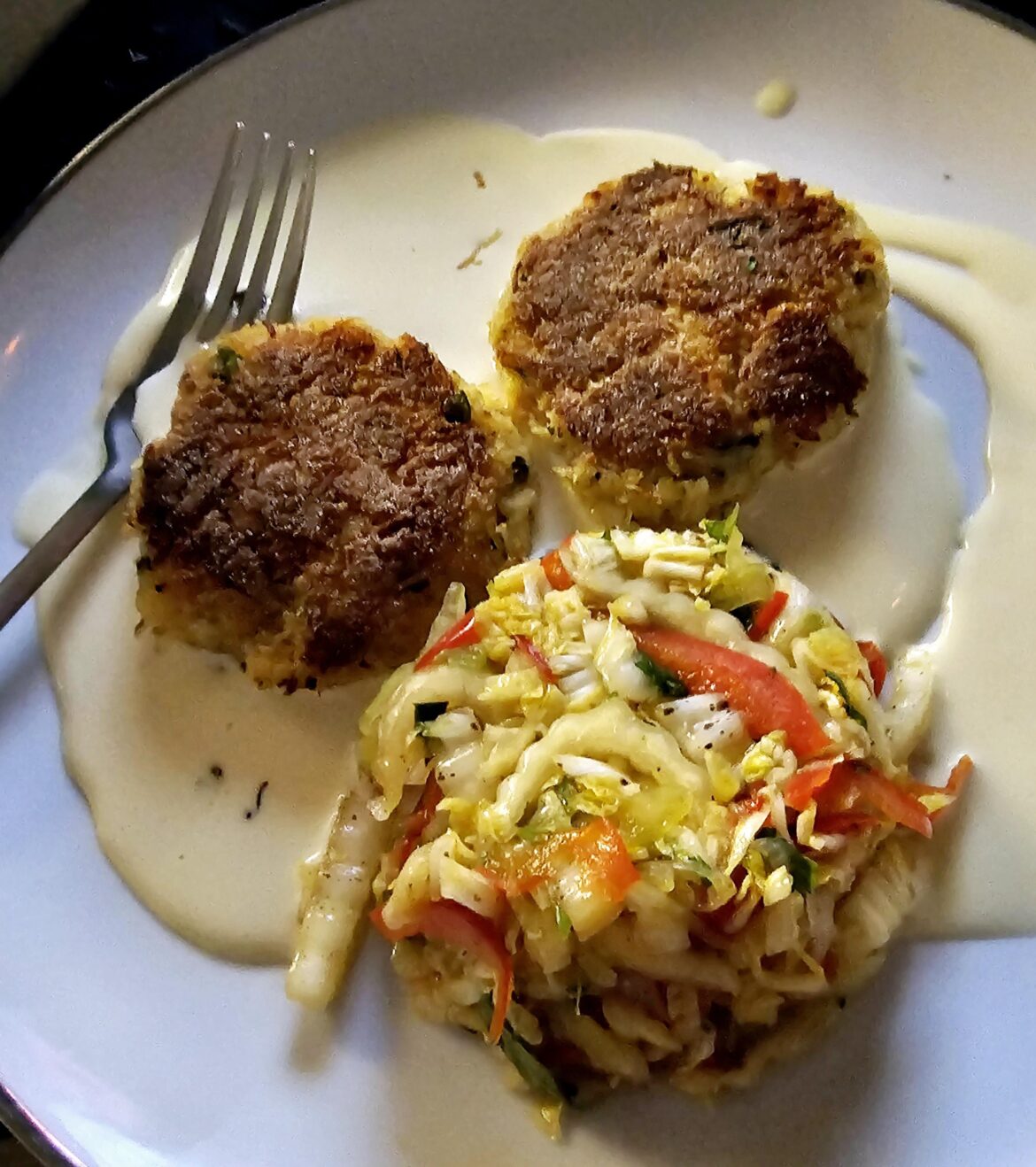 Asian crab cakes, napa cabbage slaw, ponzu aioli
