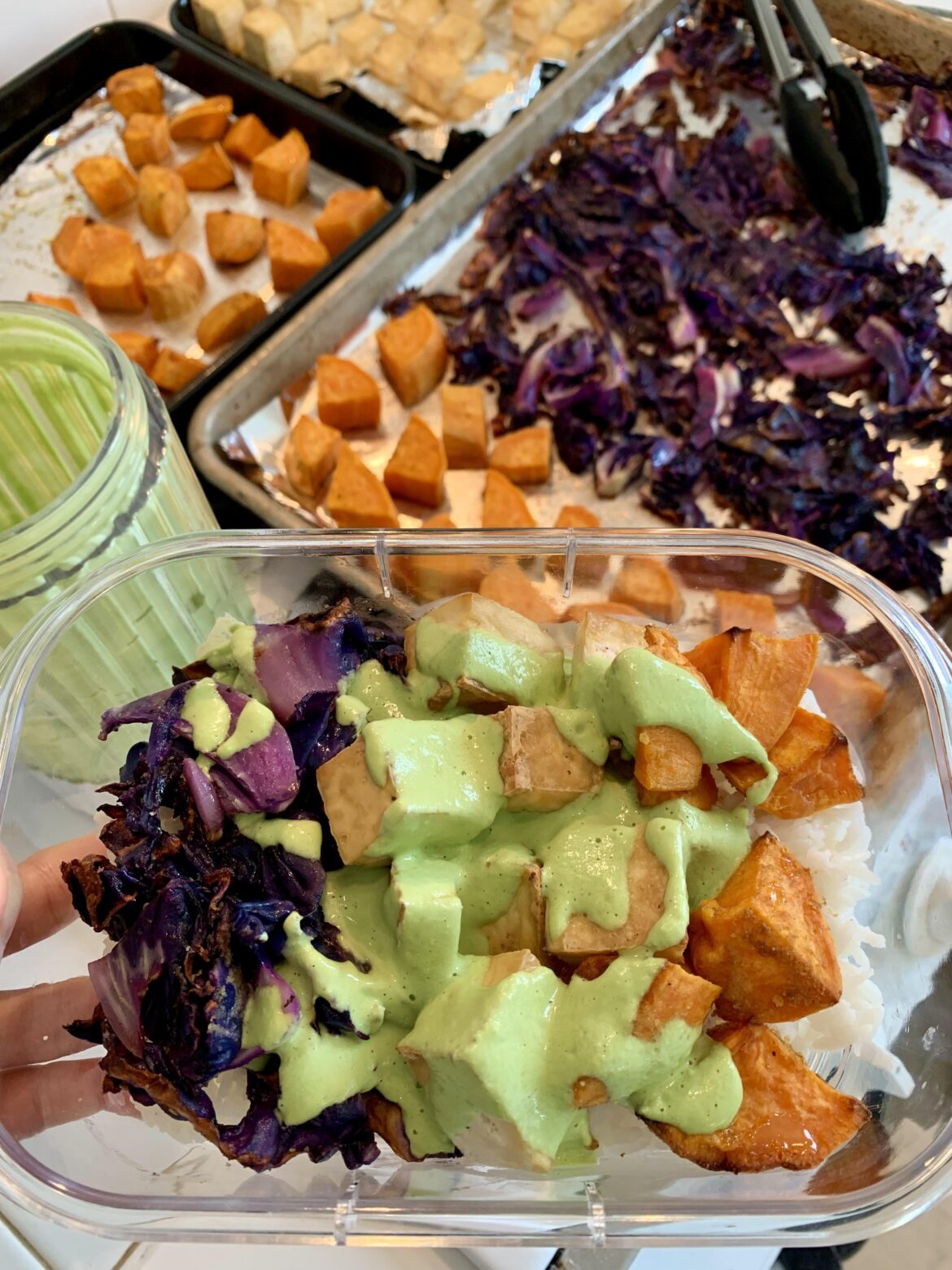 Meal prep! Crispy tofu + roasted veg bowls with a cashew cilantro lime sauce.