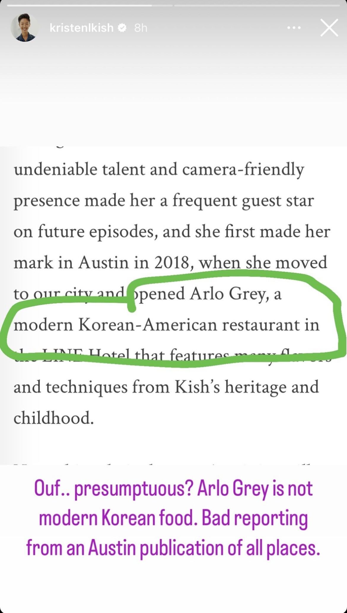 Chef Kristen Kish had her restaurant incorrectly labeled by an Austin publication and took to IG to voice her annoyance