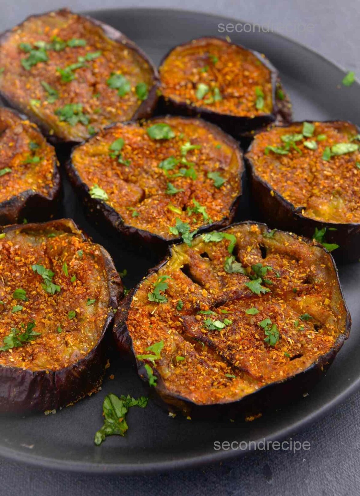 Fried eggplant slices with spices.
