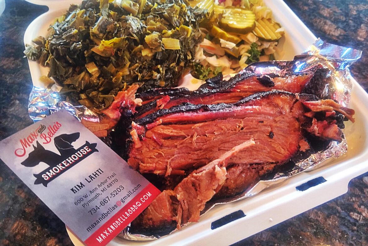 Favorite Beef Brisket 😋 smoked with Apple and Cherry Wood,  downtown Plymouth 5 years.  Max & Bella's old school Smokehouse worth a visit.