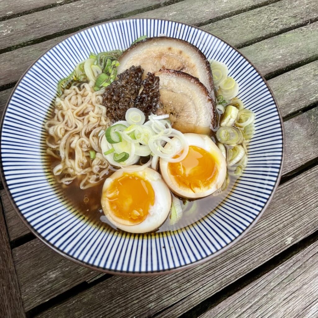 Shoyu ramen with morel and a giant scallion